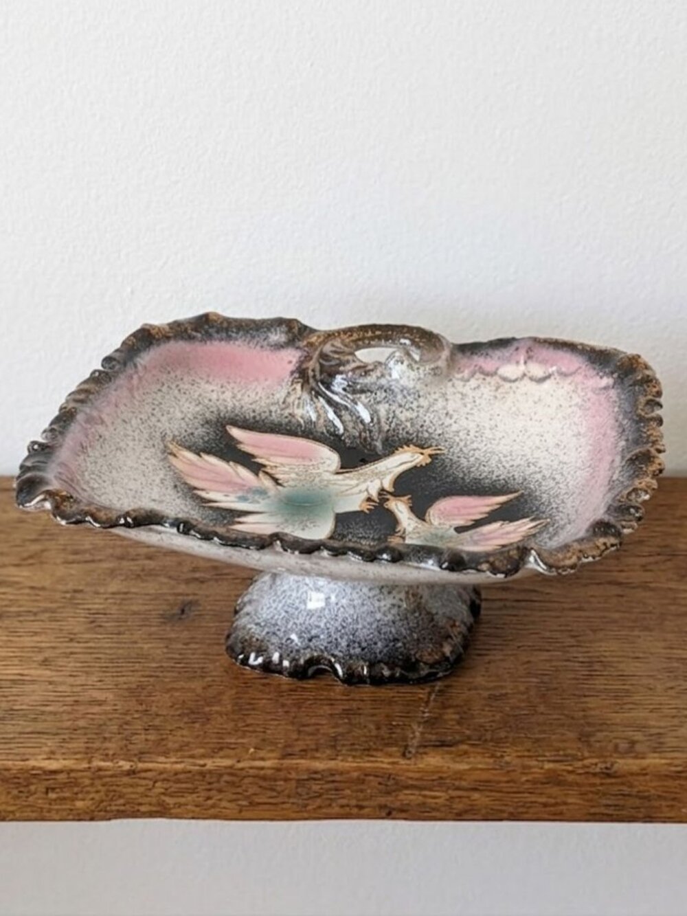 Vintage Mid Century Ceramic Bird Pedestal Dish Pink Splatter Gold Trim Regency